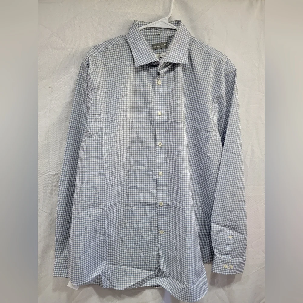 Michael Kors Slim Fit Non Iron Dress Shirt Blue Check XL 17.5 34/35 Stretch